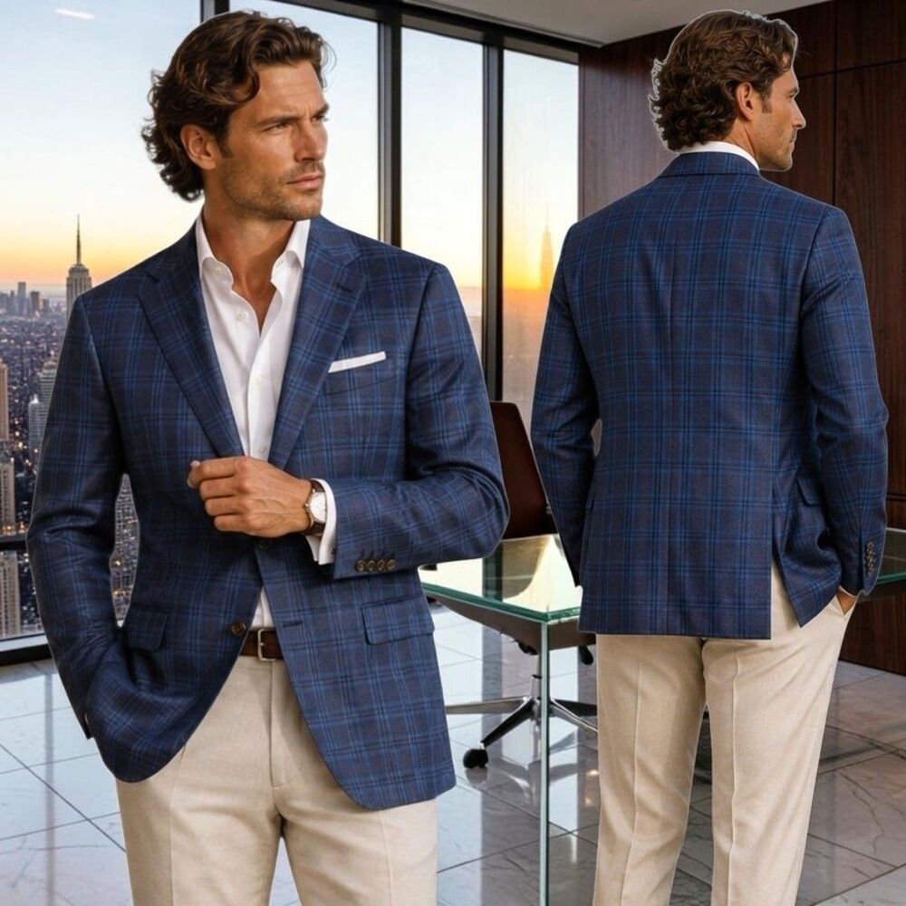 Donald J Trump 42R Wool Silk Blazer Blue Plaid Sport Coat Signature Collection